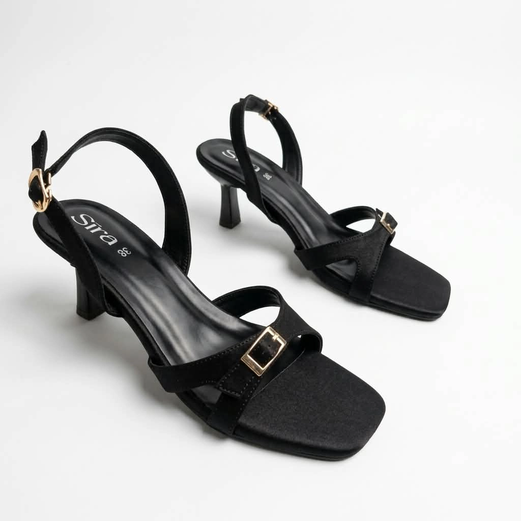 Sira Noir Buckle Flare Slingbacks